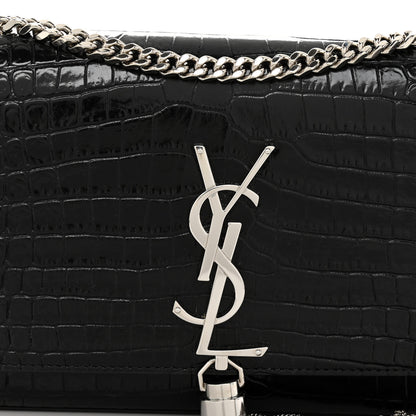 Saint Laurent Calfskin Crocodile Embossed Small Classic Monogram Kate Tassel Satchel Black 8 of 10