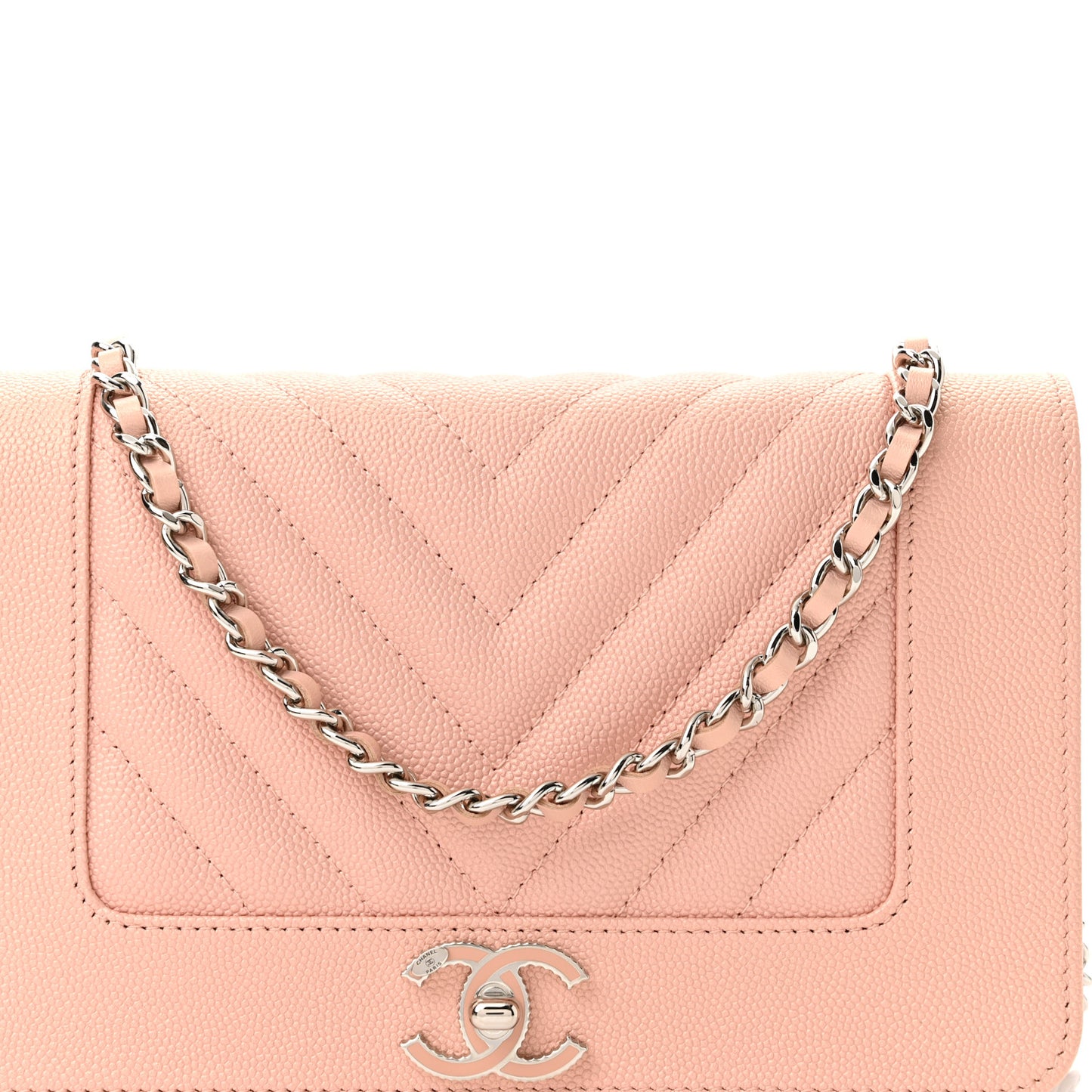 Metallic Caviar Quilted Vintage Mademoiselle Wallet On Chain WOC Light Pink