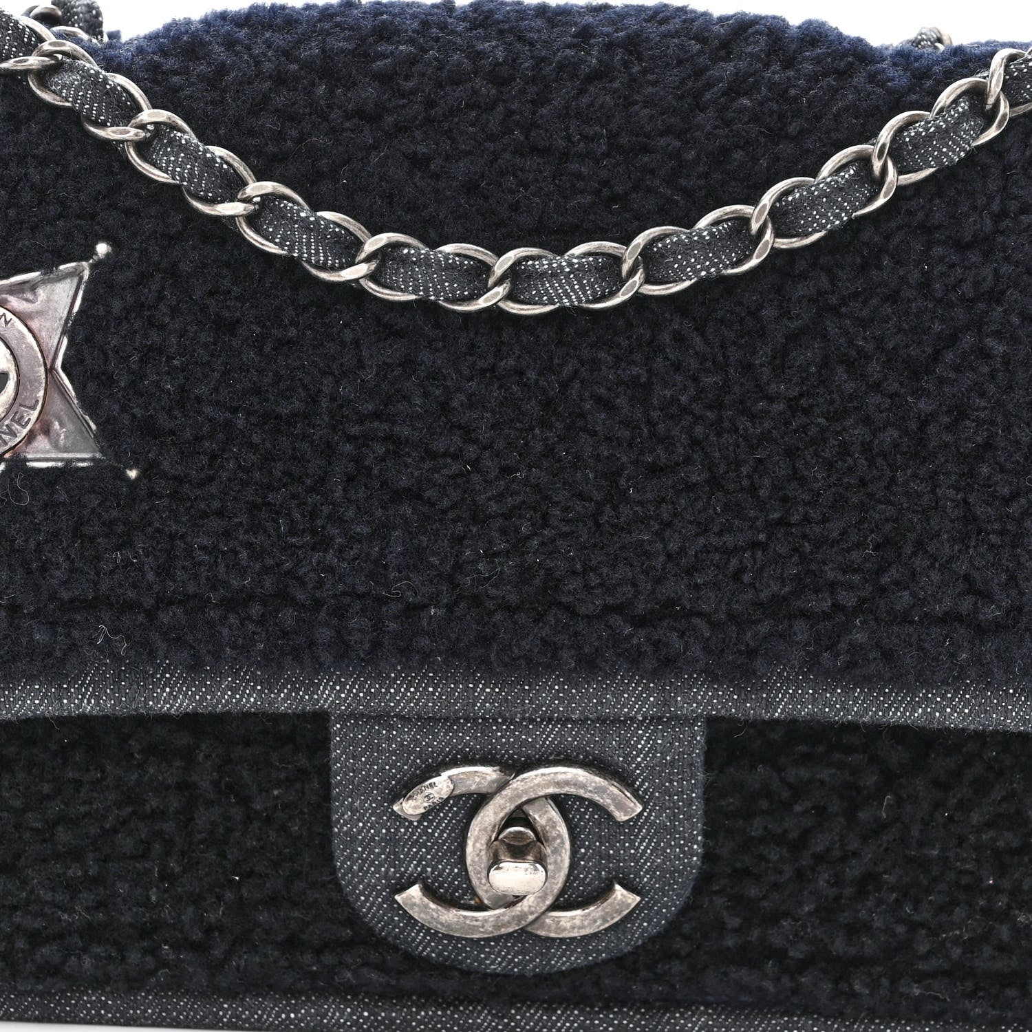 Chanel Shearling Sheepskin Denim Medium Paris Dallas Sheriff's Star Flap Black 8 of 10
