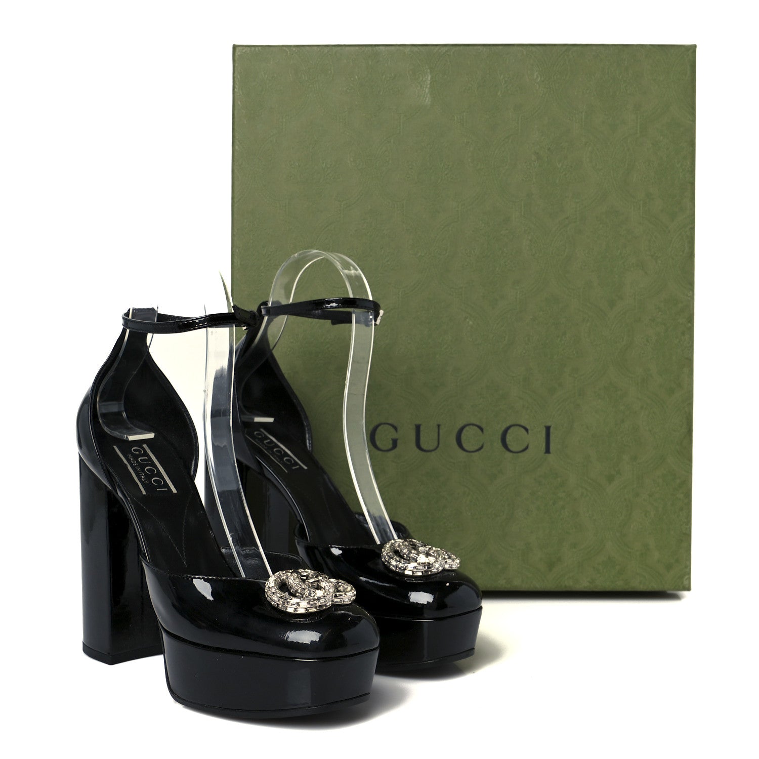 Gucci Patent Crystal Double G Platform Pumps 36.5 Black 1779749