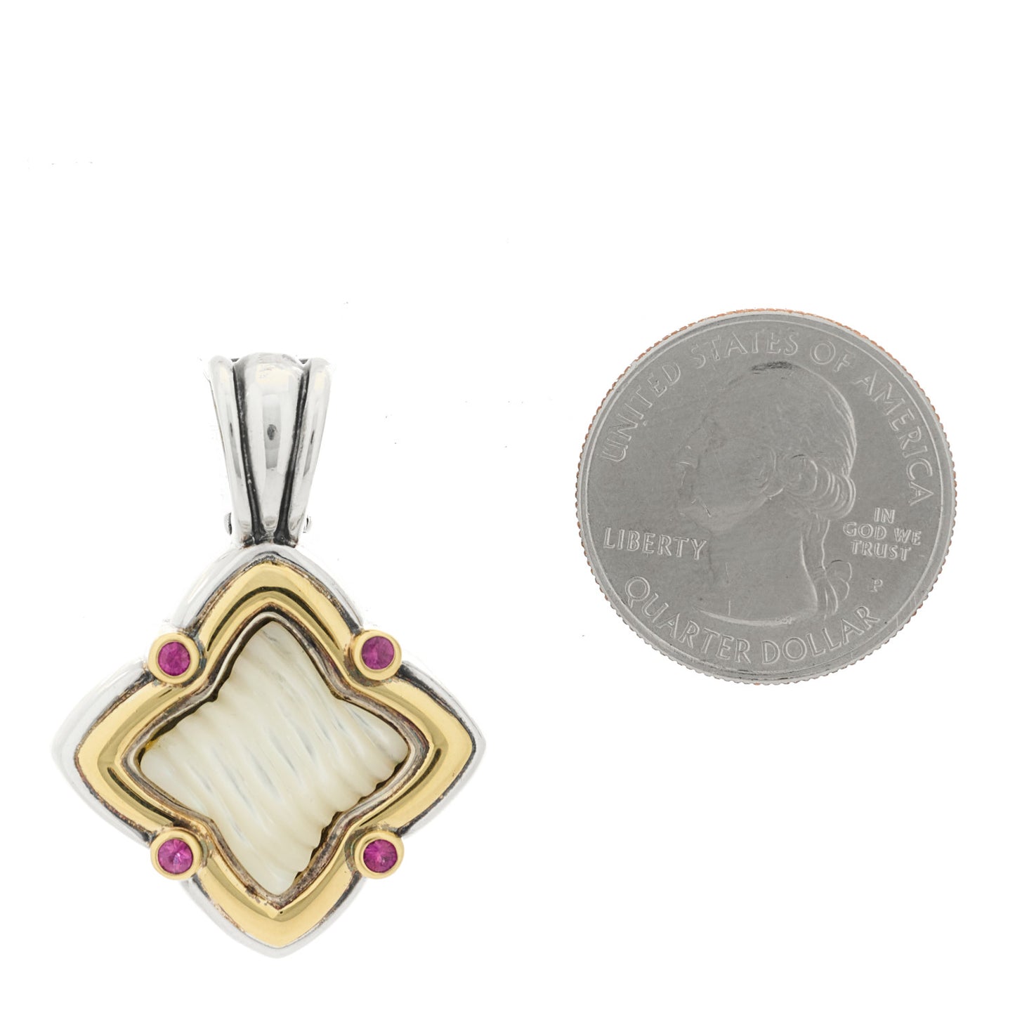 Sterling Silver 18K Yellow Gold Mother of Pearl Ruby Quatrefoil Enhancer Pendant
