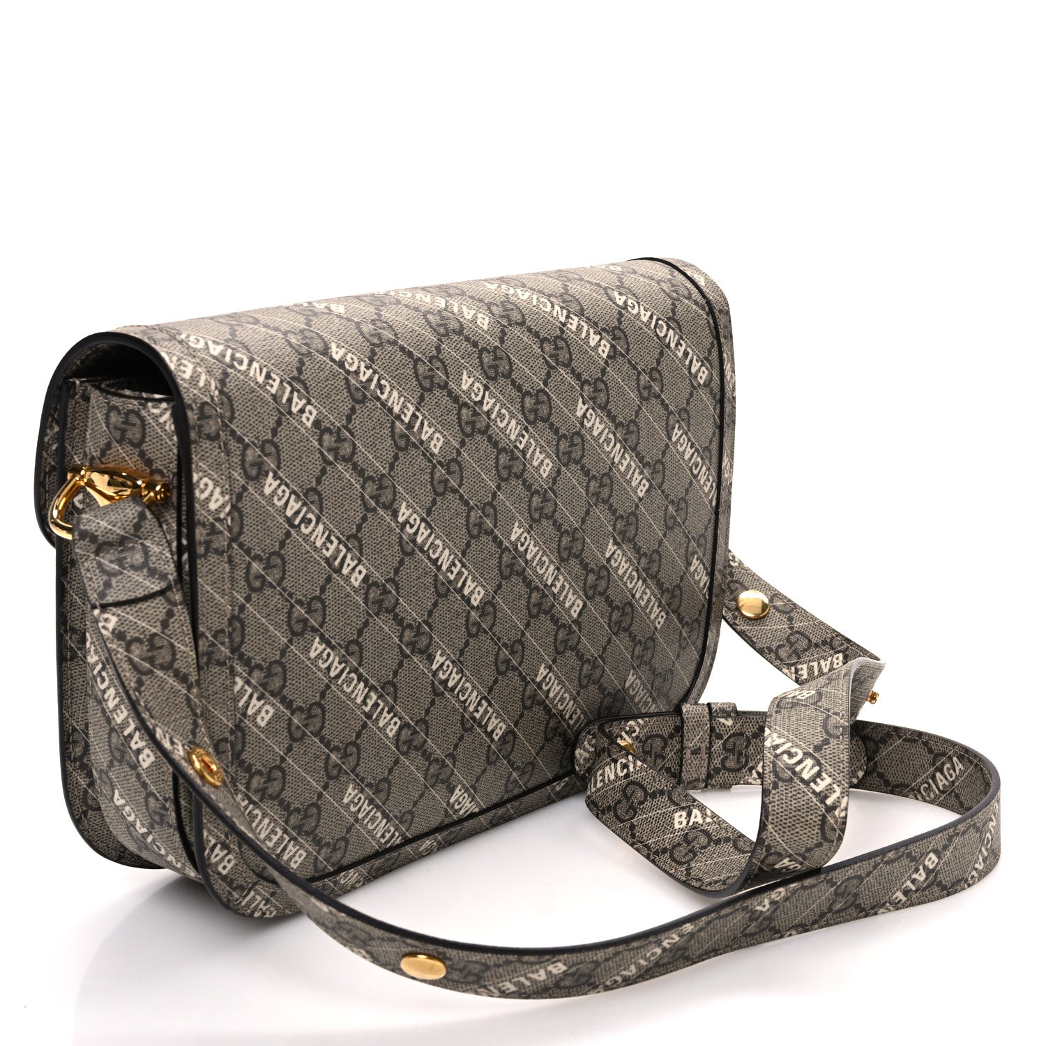 Gucci X BALENCIAGA GG Supreme Monogram Logo Print Horsebit 1955 Shoulder Bag Beige Ebony 3 of 10