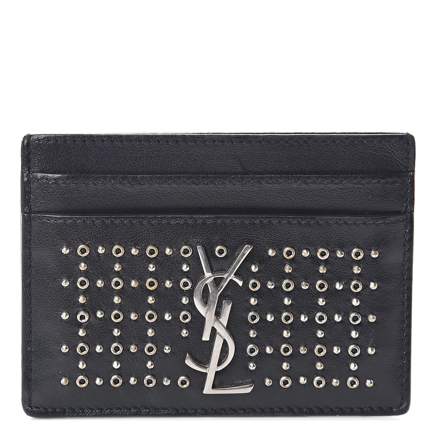 Calfskin Studded Monogram Credit Card Case Black
