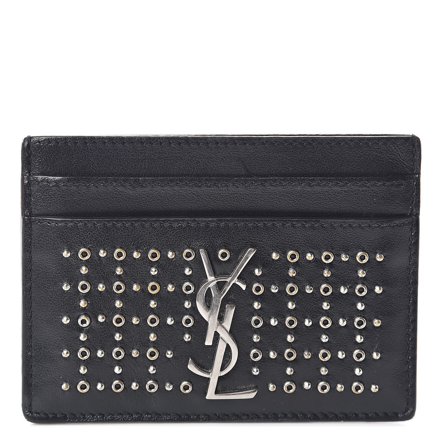 Saint Laurent Calfskin Studded Monogram Credit Card Case Black 1 of 7