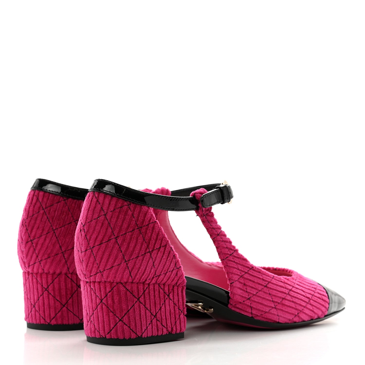 Chanel Corduroy Patent Calfskin Cap Toe Quilted Mary Jane Flats 39.5 Fuchsia Black 4 of 9