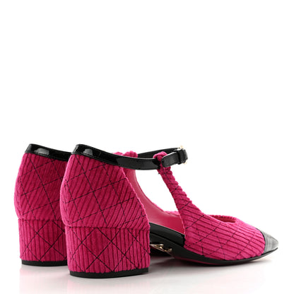 Chanel Corduroy Patent Calfskin Cap Toe Quilted Mary Jane Flats 39.5 Fuchsia Black 4 of 9