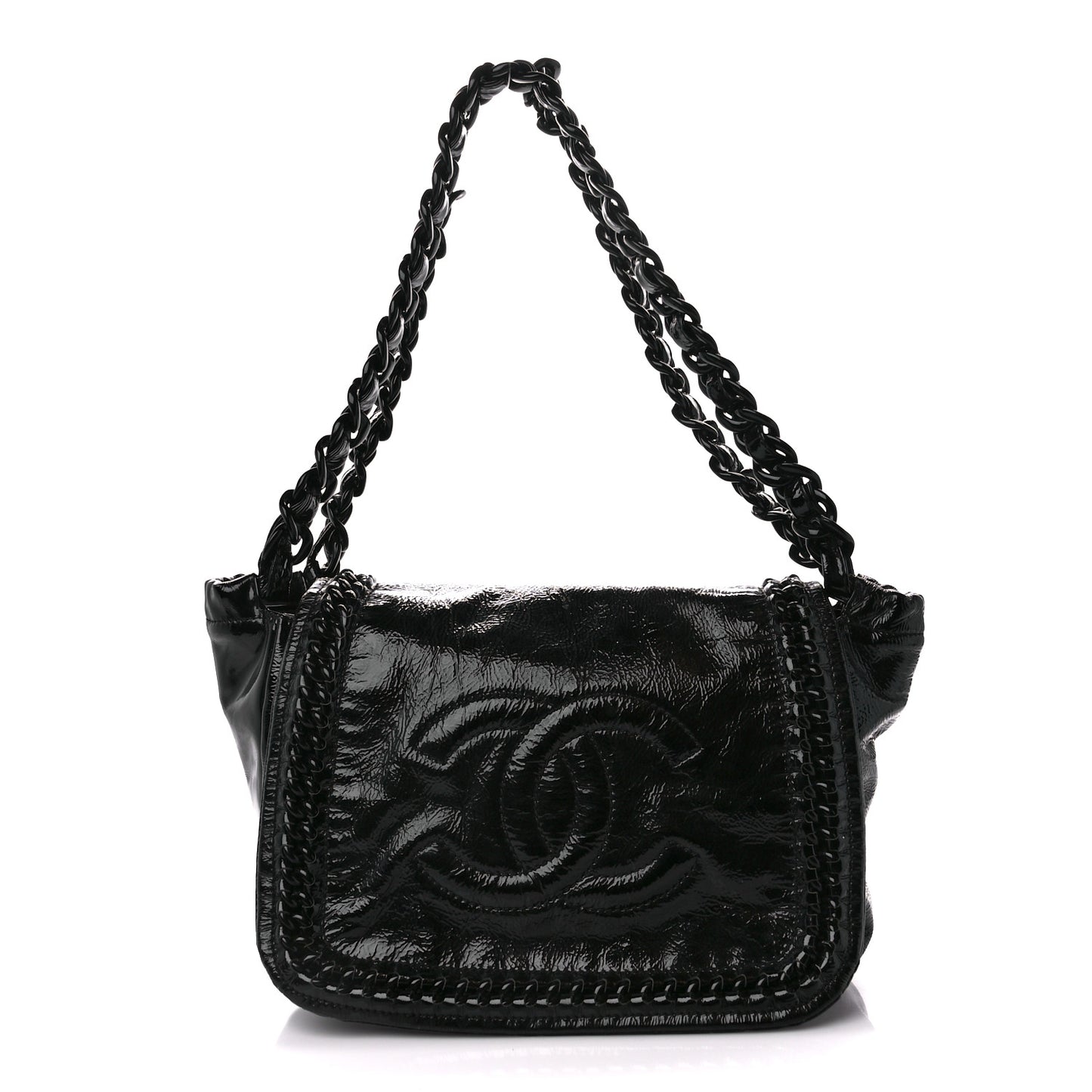Crinkled Patent Modern Chain Flap Black
