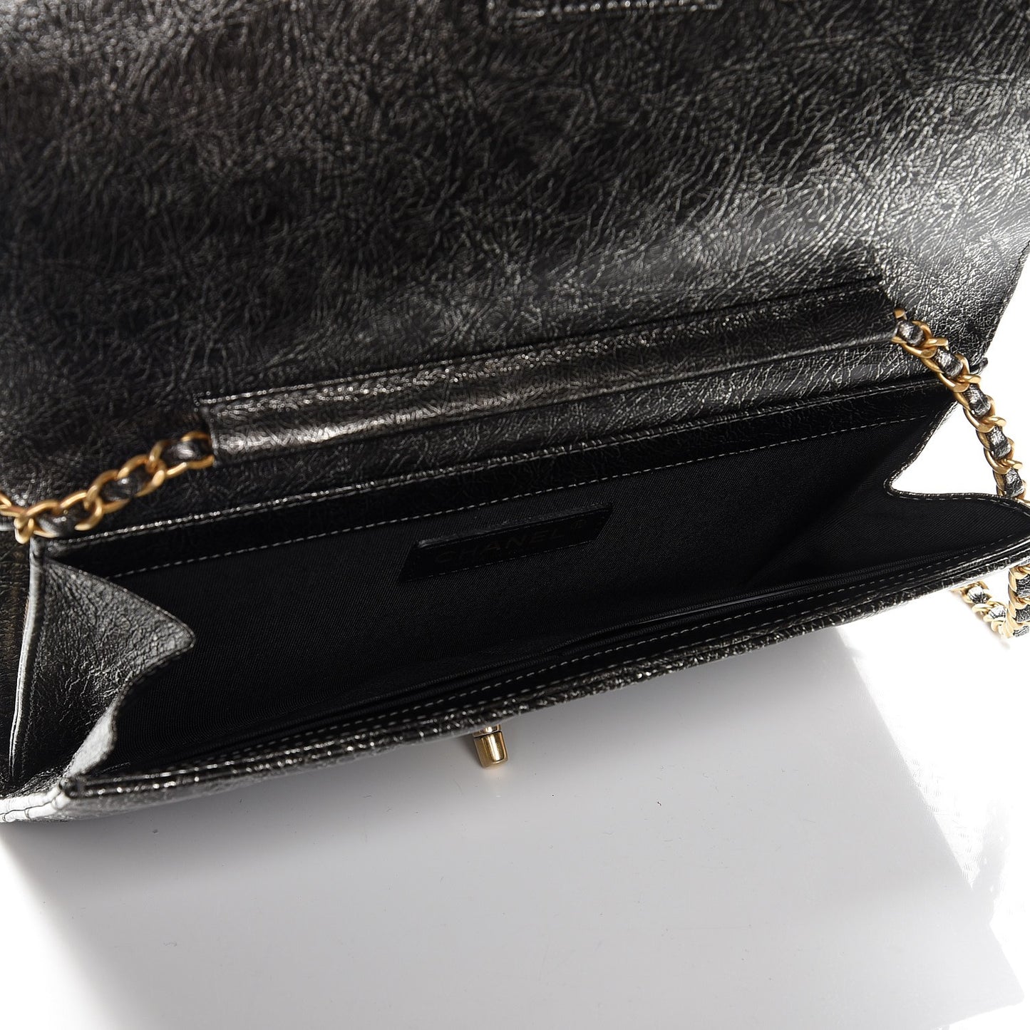 Cracked Metallic Calfskin Quilted Zip Away Chain Clutch Dark Silver