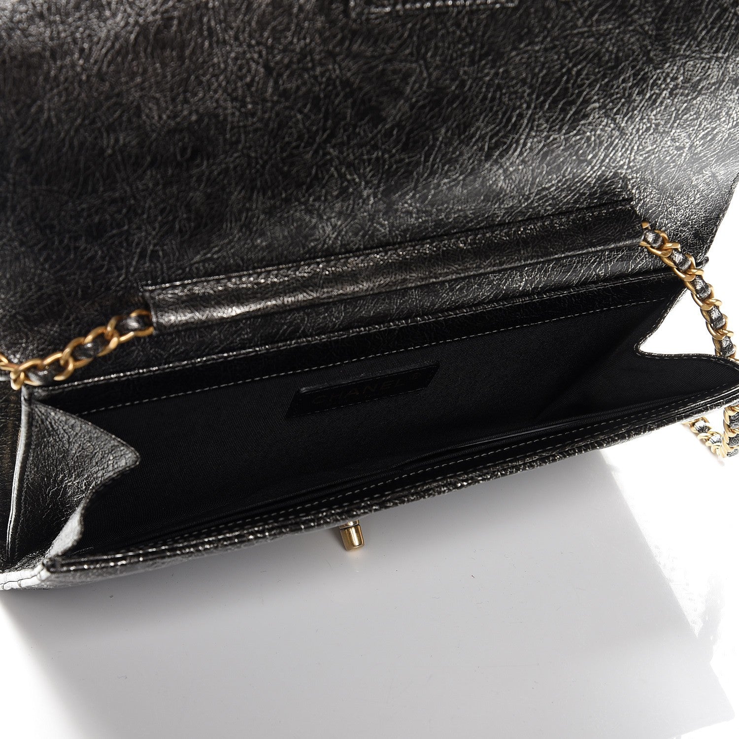 Chanel Cracked Metallic Calfskin Quilted Zip Away Chain Clutch Dark Silver 5 of 9