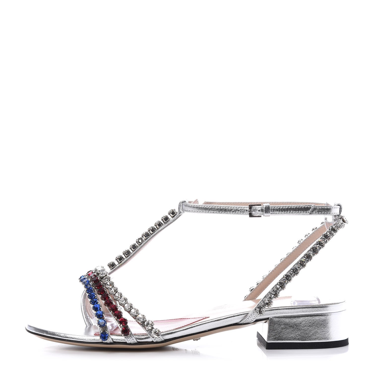 Gucci Nappa Silk Crystal Bertie T-Strap Low Heel Sandals 35.5 Argento 1 of 8