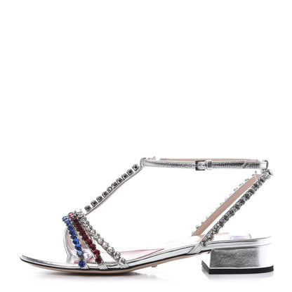 Gucci Nappa Silk Crystal Bertie T-Strap Low Heel Sandals 35.5 Argento 1 of 8