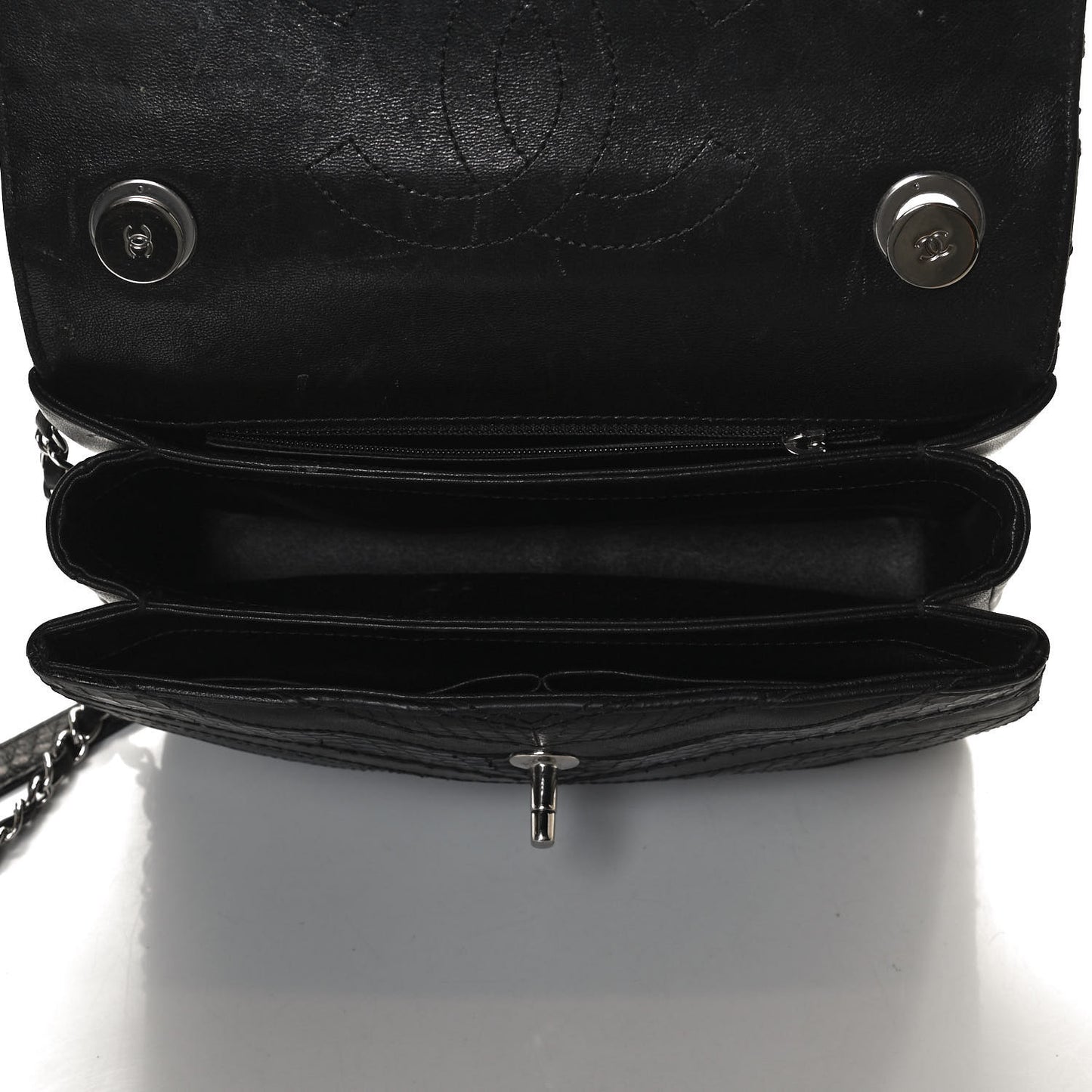 Calfskin Sheepskin Watersnake Chevron Quilted CC Small Trendy CC Dual Handle Flap Bag Black