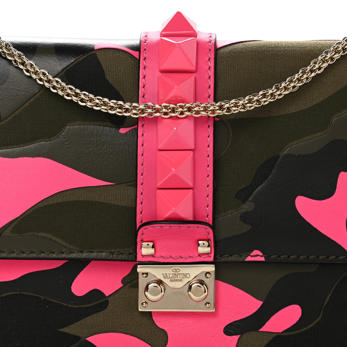 Nappa Canvas Camouflage Medium Glam Lock Rockstud Flap Fuxia Fluo