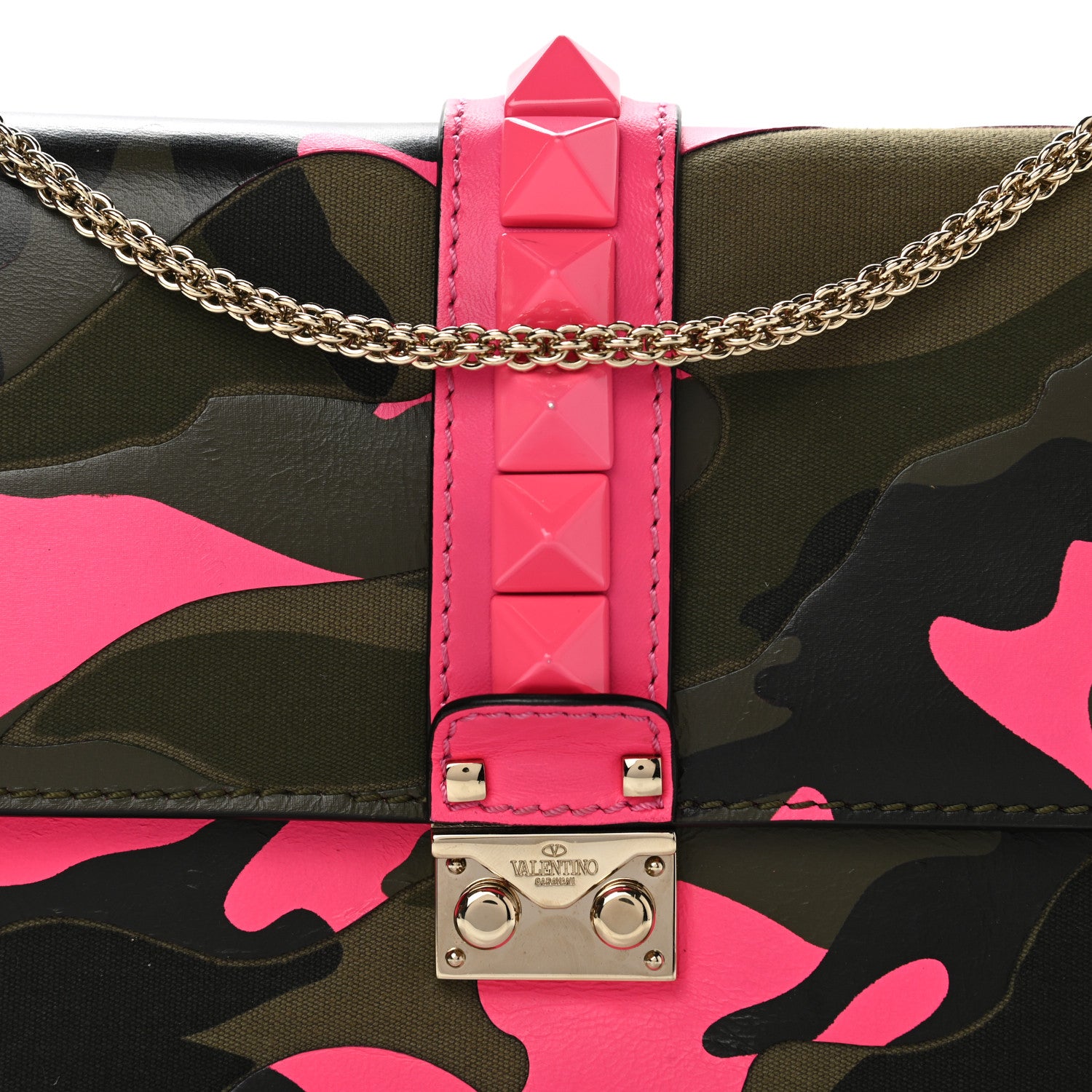 Valentino Garavani Nappa Canvas Camouflage Medium Glam Lock Rockstud Flap Fuxia Fluo 8 of 13