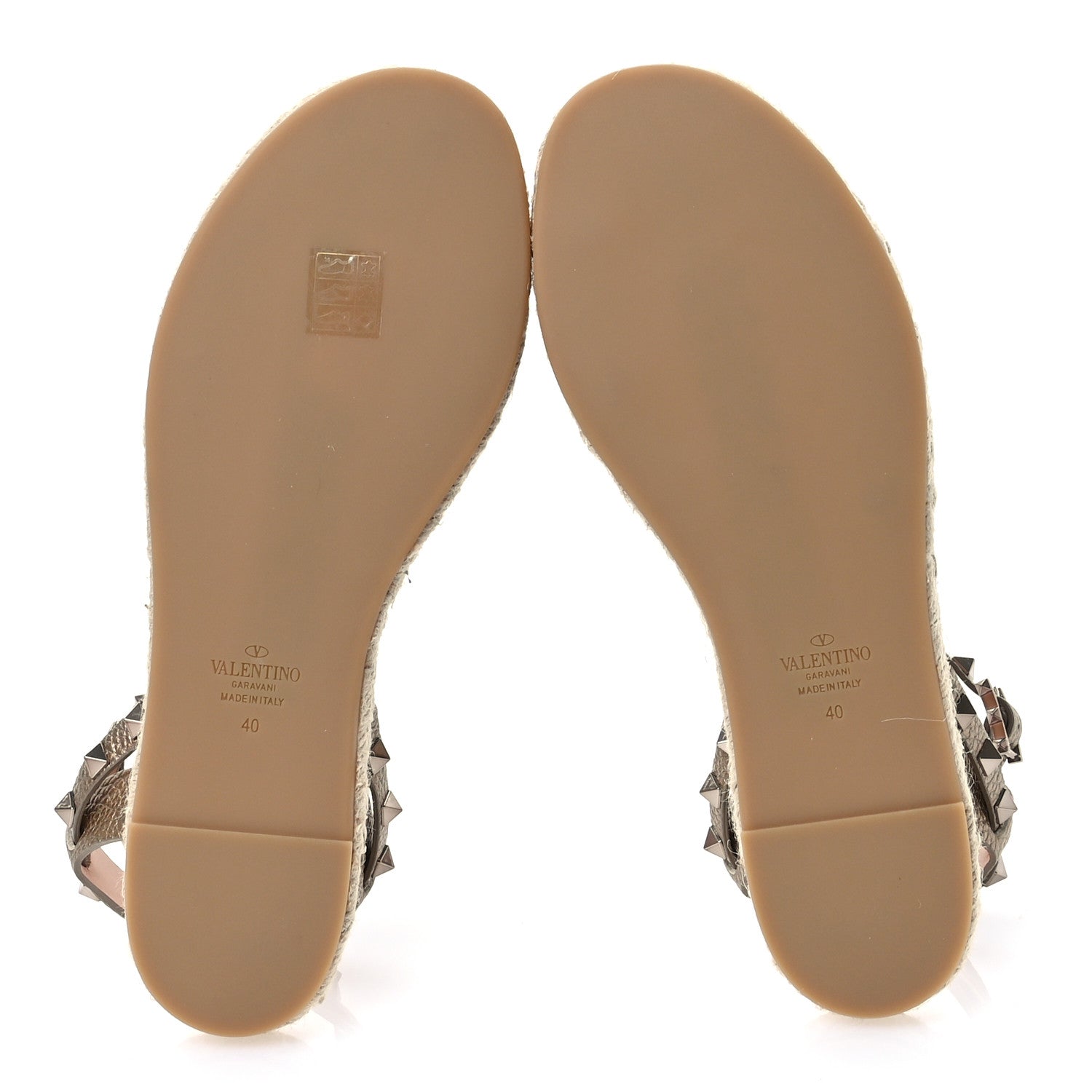 Valentino Garavani Metallic Grained Calfskin Rockstud Ankle Strap Espadrille Flat Sandals 40 Skin Natural 5 of 8