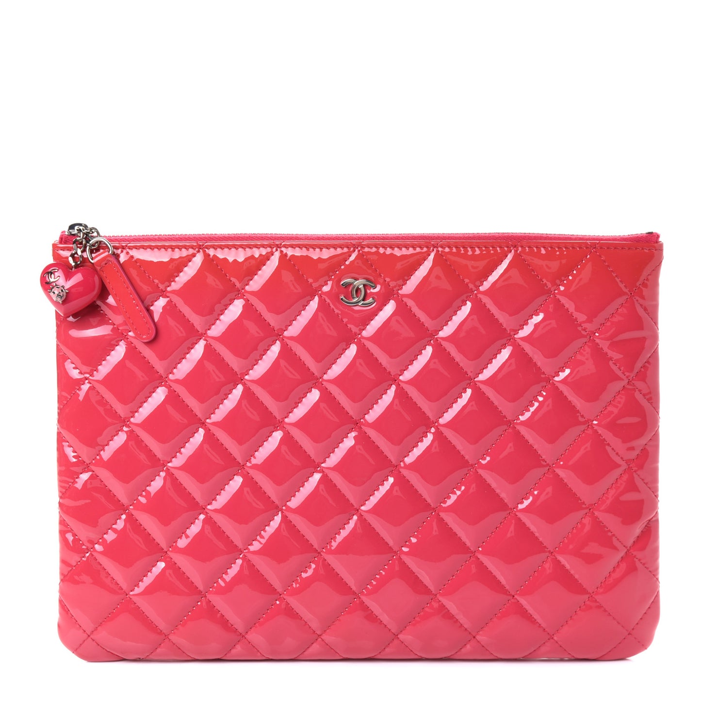 Patent Calfskin Quilted Valentine Hearts Medium O Cosmetic Case Dark Pink