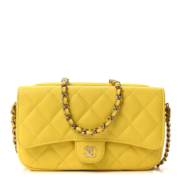 Chanel Lambskin Quilted Flap Phone Holder With Chain Yellow