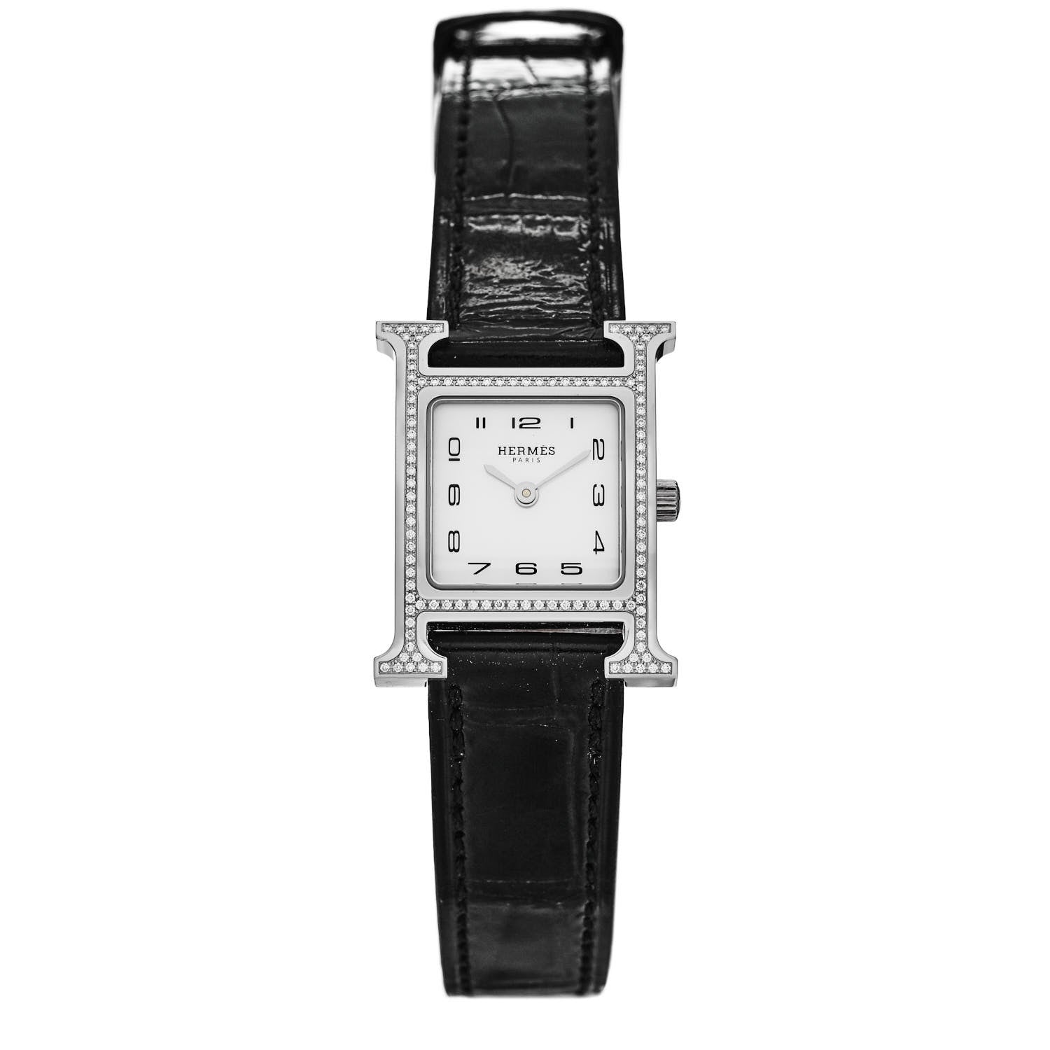 Hermes Stainless Steel Alligator Diamond Bezel Mother of Pearl 21mm Heure H Hour Quartz Watch Noir 1 of 5