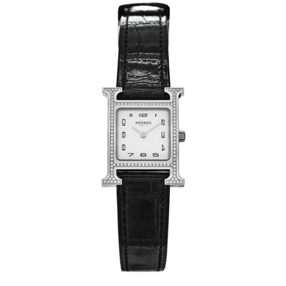 Hermes Stainless Steel Alligator Diamond Bezel Mother of Pearl 21mm Heure H Hour Quartz Watch Noir 1 of 5