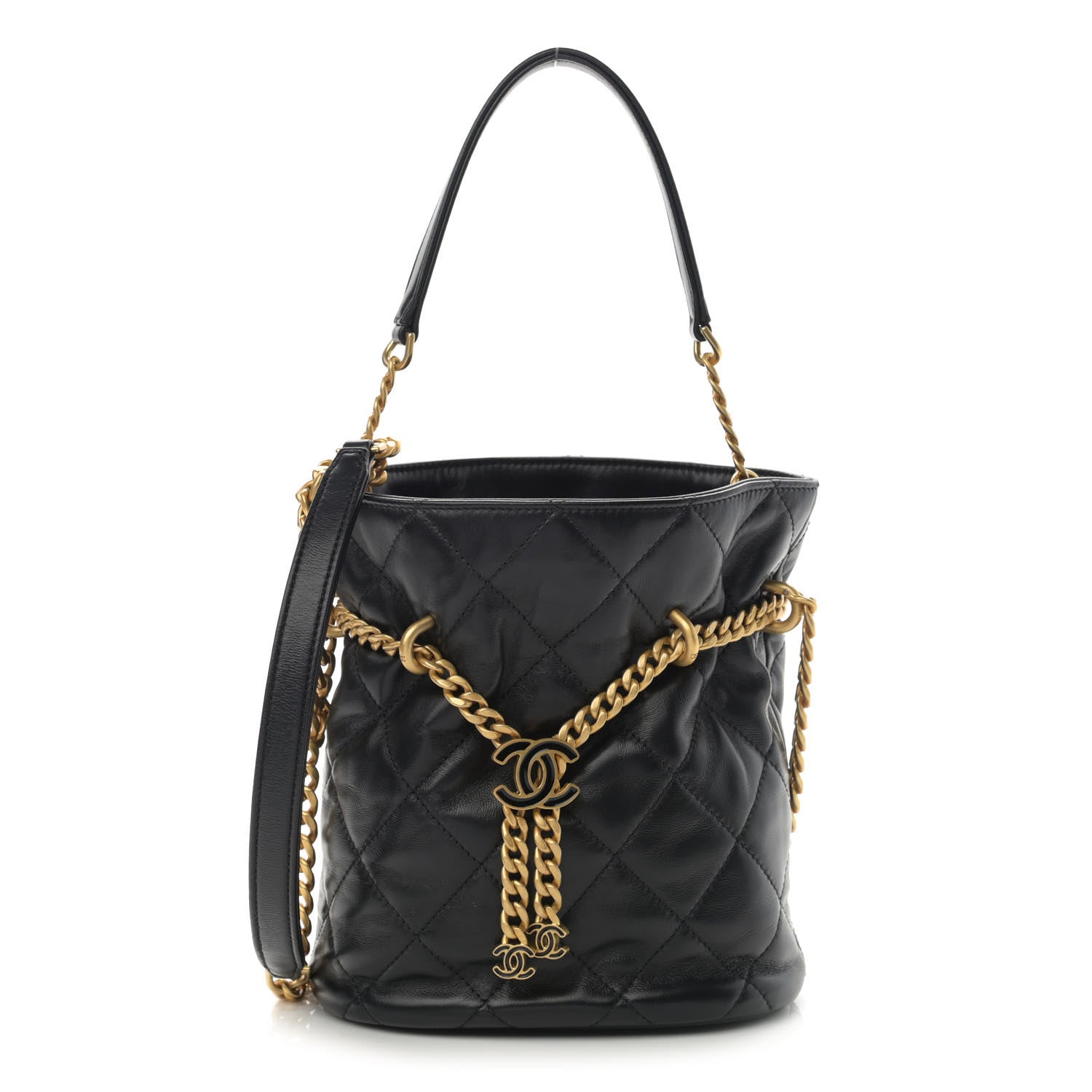 Chanel Lambskin Enamel Quilted Pending CC Bucket Drawstring Bag Black 1 of 11