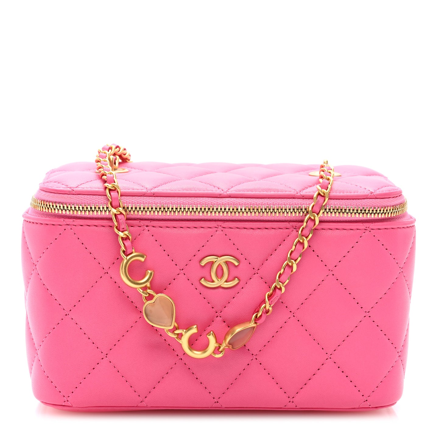 Lambskin Enamel Quilted Small Coco Hearts Vanity Case With Chain Pink