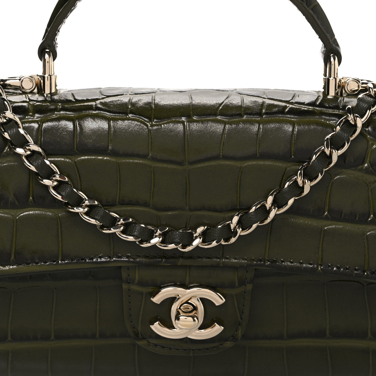 Chanel Calfskin Crocodile Embossed Top Handle Long Clutch With Chain Khaki 9 of 12