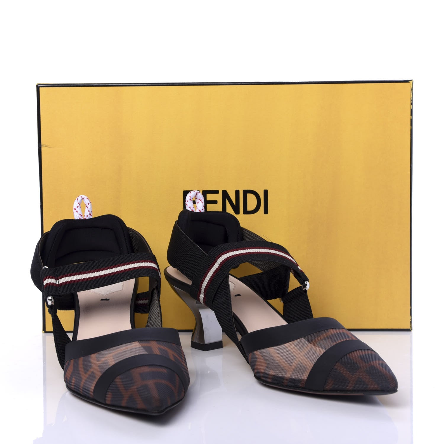 Fendi Technical Mesh FF Colibri 55mm Slingback Pumps 36.5 Tobacco Moro Bordeaux Black Militare 9 of 9