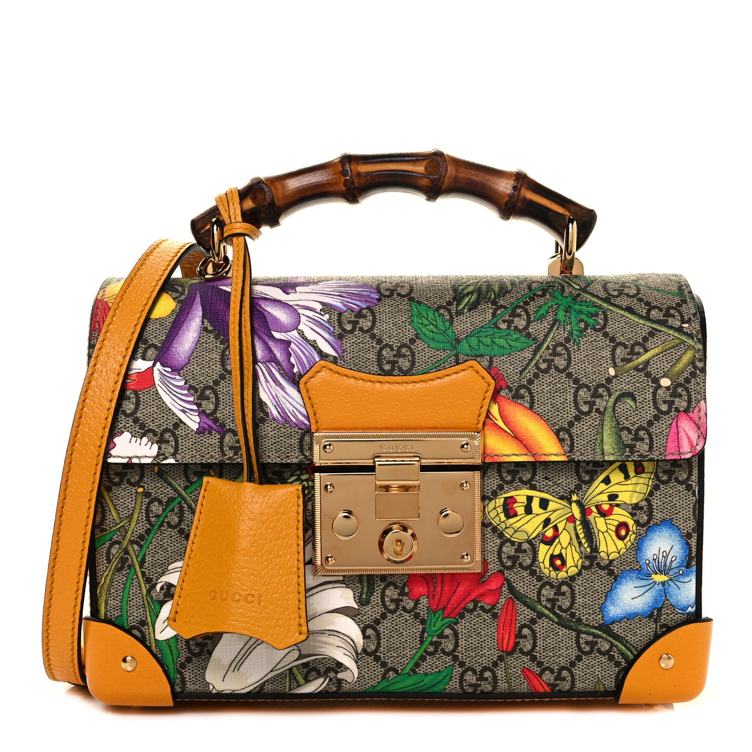 Gucci GG Supreme Monogram Flora Small Padlock Bamboo Shoulder Bag Beige Multicolor Crop 1 of 9