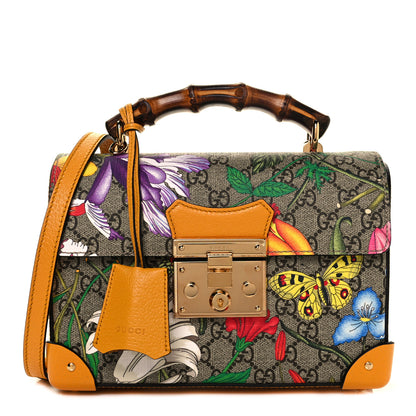 Gucci GG Supreme Monogram Flora Small Padlock Bamboo Shoulder Bag Beige Multicolor Crop 1 of 9