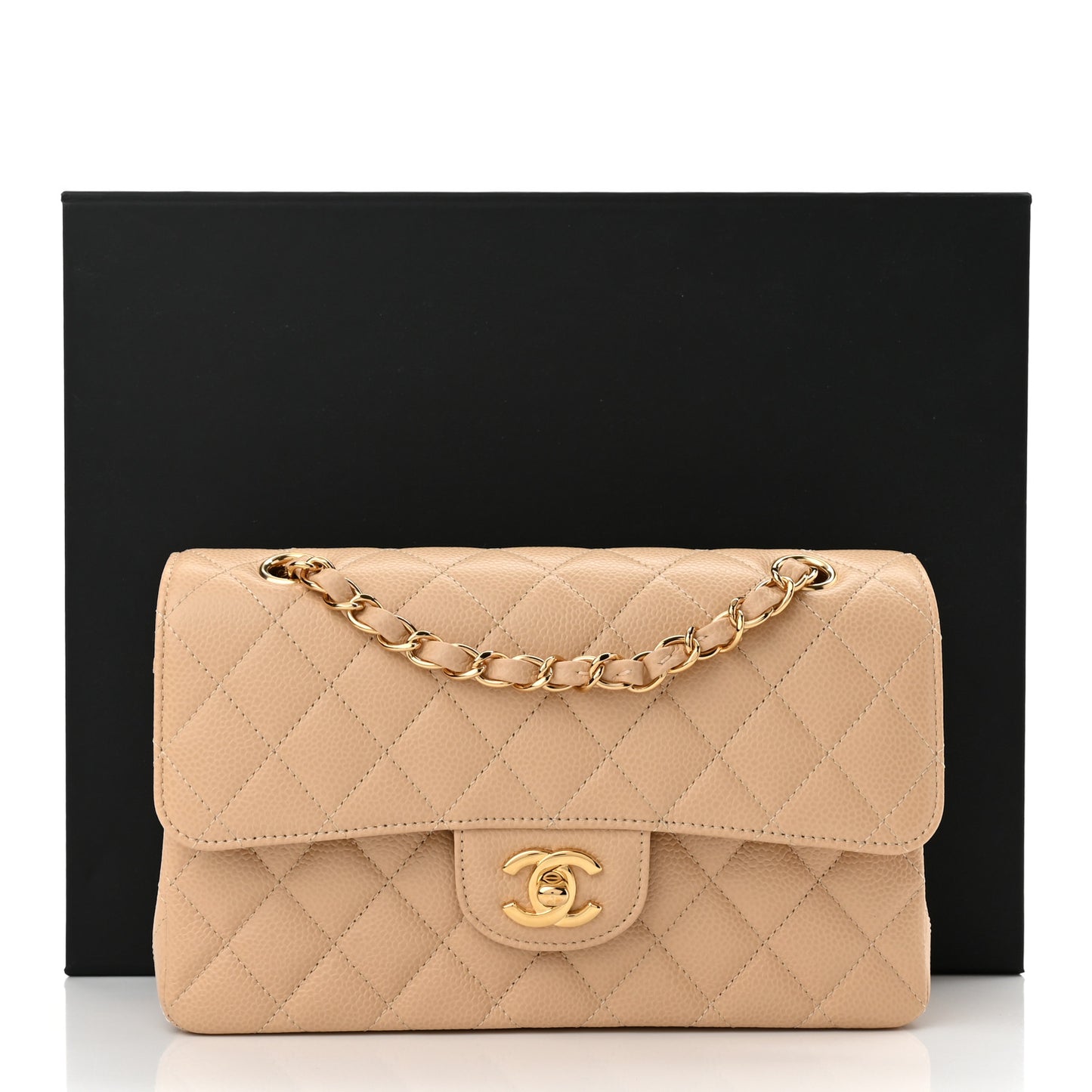 Caviar Quilted Small Double Flap Beige