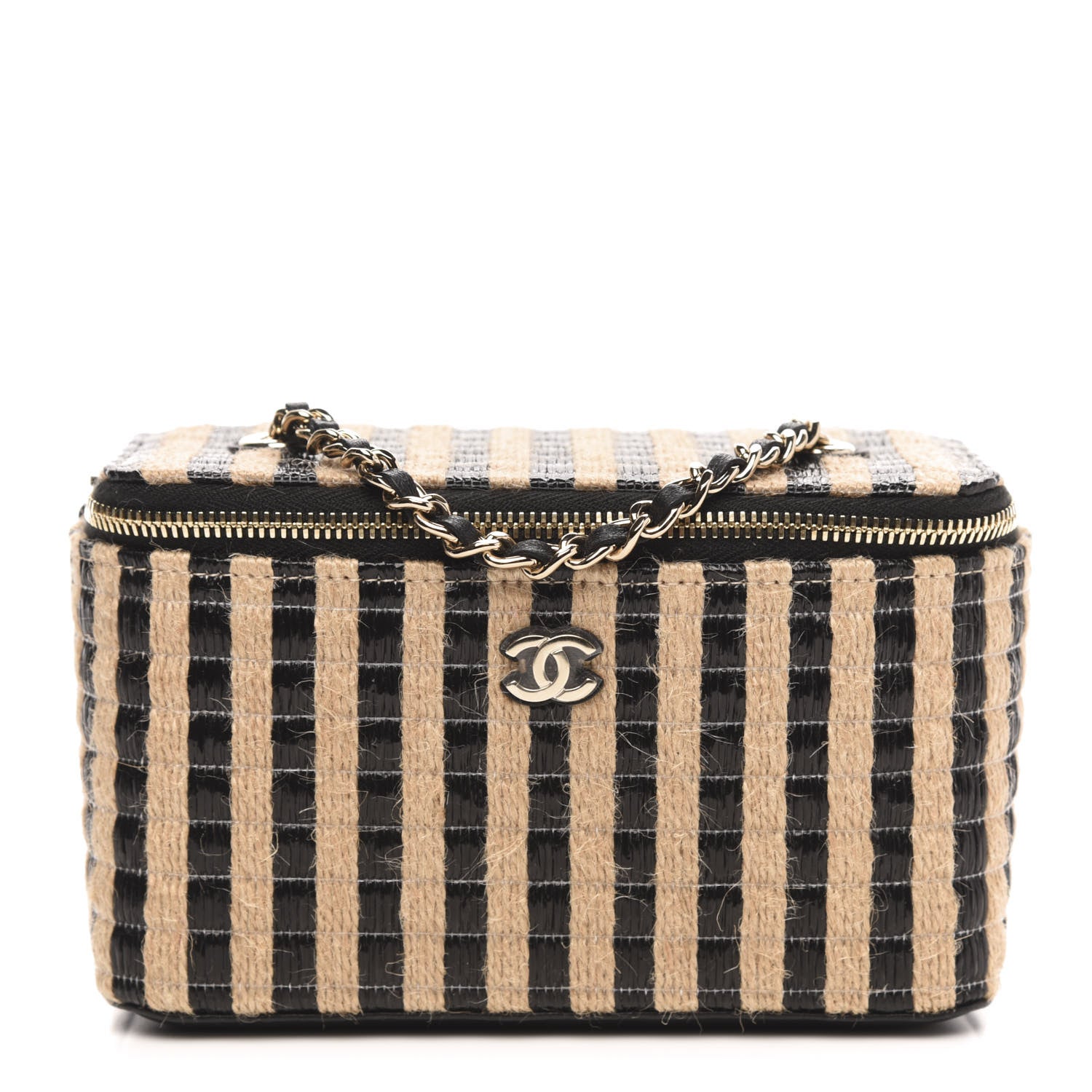 Chanel Raffia Jute Striped Small Vanity Case With Chain Black Beige 1 of 10