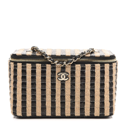 Chanel Raffia Jute Striped Small Vanity Case With Chain Black Beige 1 of 10