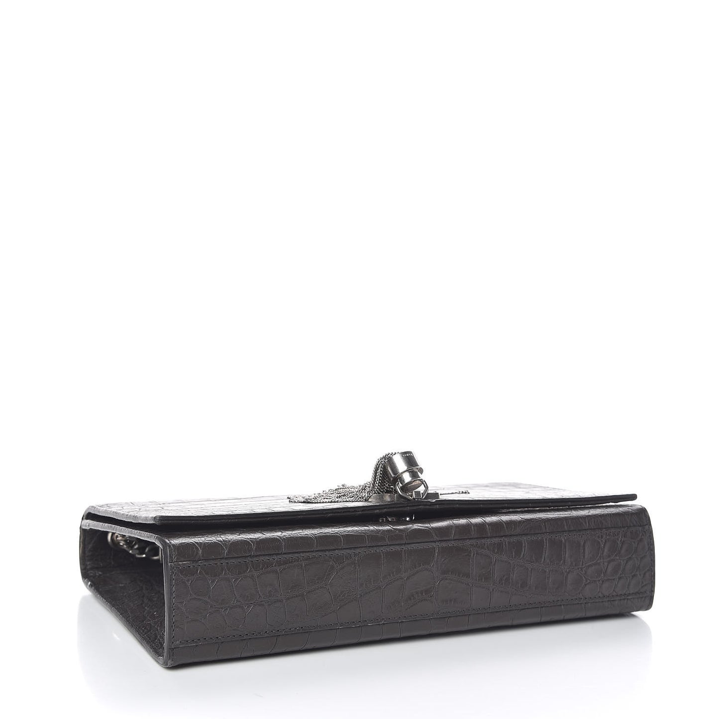 Calfskin Crocodile Embossed Medium Classic Monogram Kate Tassel Satchel Earth Grey