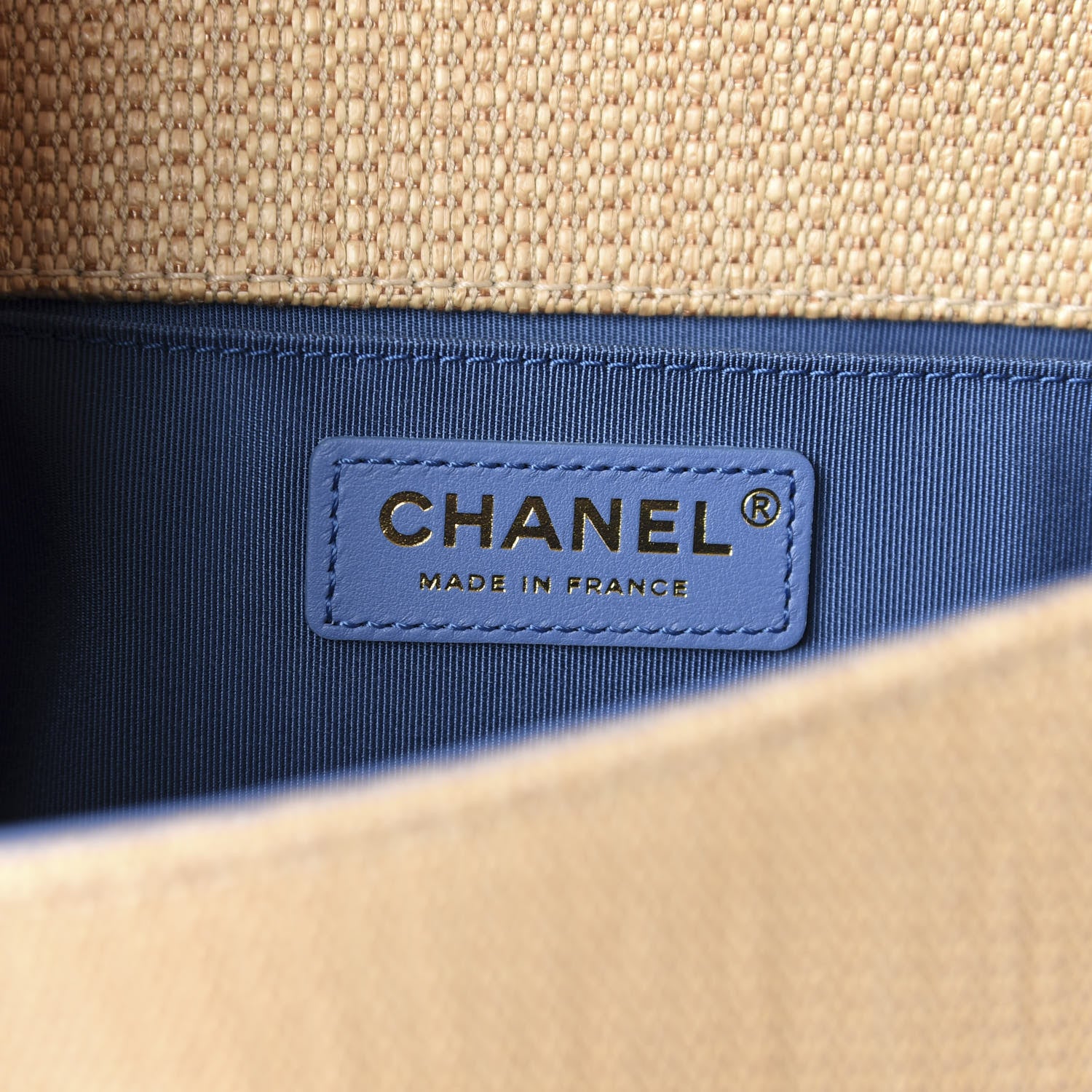 Chanel Cotton Canvas Calfskin Chevron Embroidered Medium Boy Flap Beige Blue 6 of 10