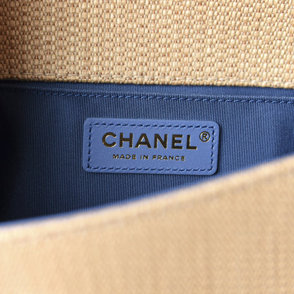 Chanel Cotton Canvas Calfskin Chevron Embroidered Medium Boy Flap Beige Blue 6 of 10