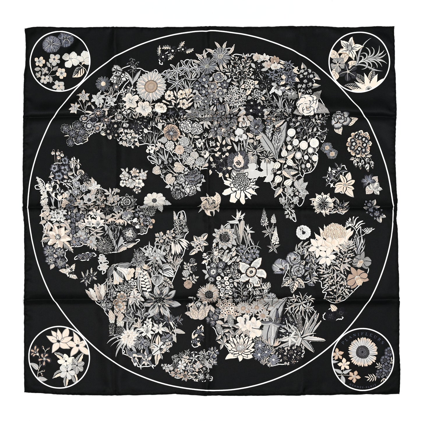 Silk Planifleurs Scarf 90 Black Gris Parchemin