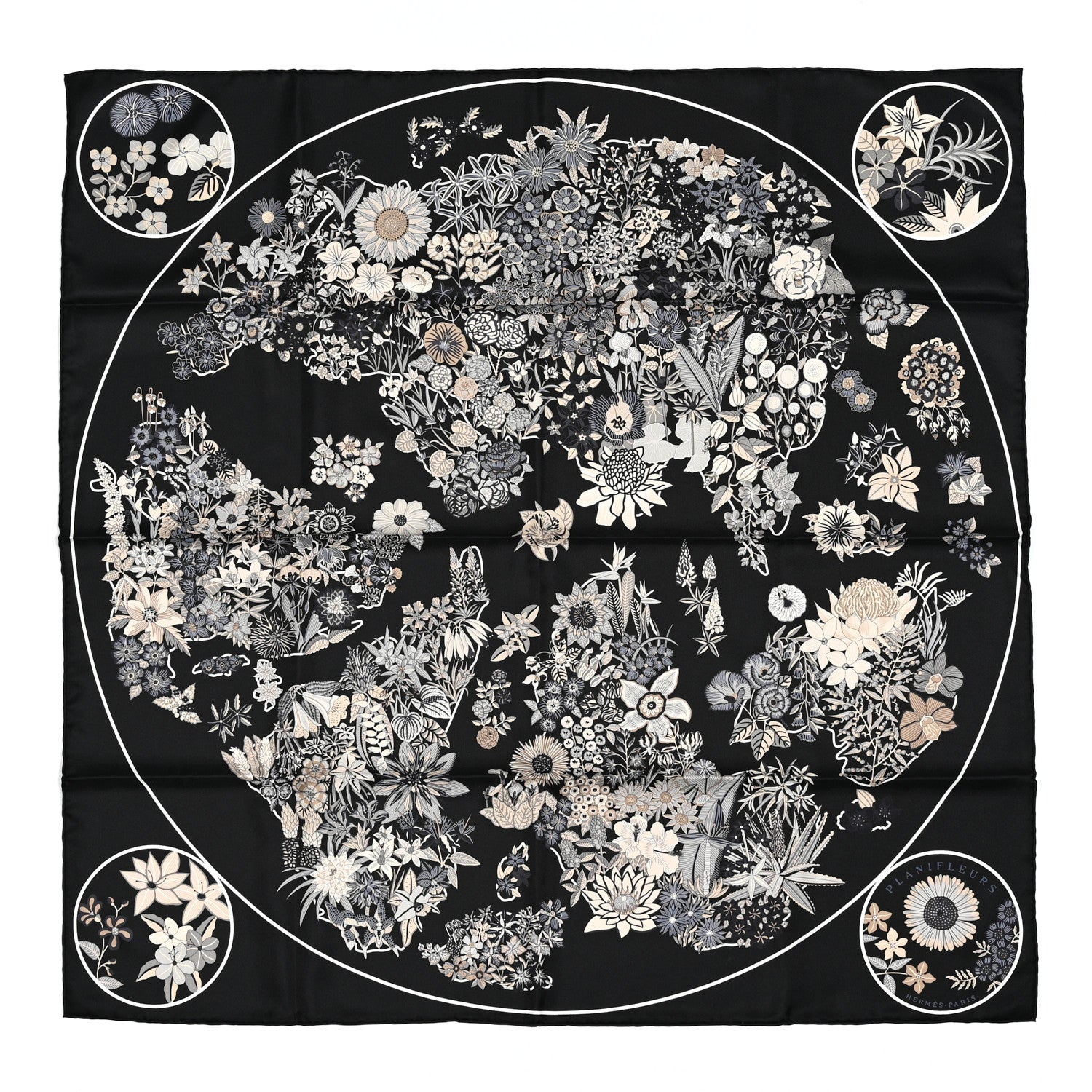 Hermes Silk Planifleurs Scarf 90 Black Gris Parchemin 1 of 4