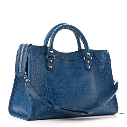 Balenciaga Calfskin Crocodile Embossed Classic Silver Hardware City Bleu Marine 3 of 10