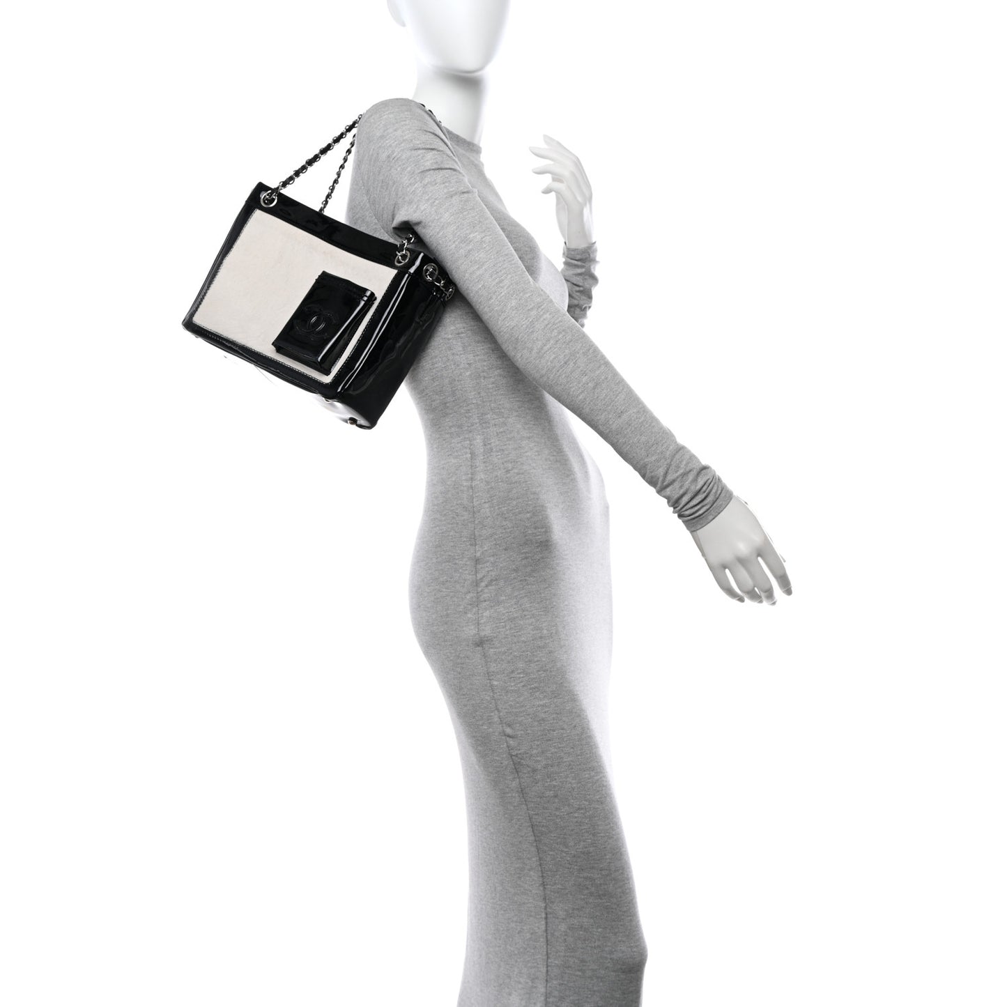 Patent Pony Hair Small Pocket Tote Black White