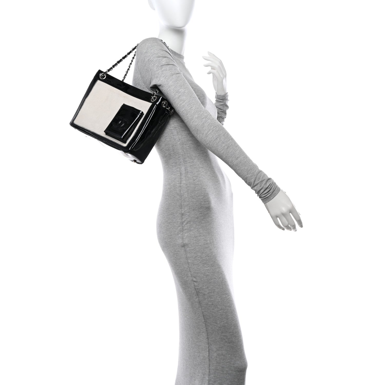 Chanel Patent Pony Hair Small Pocket Tote Black White 2 of 11