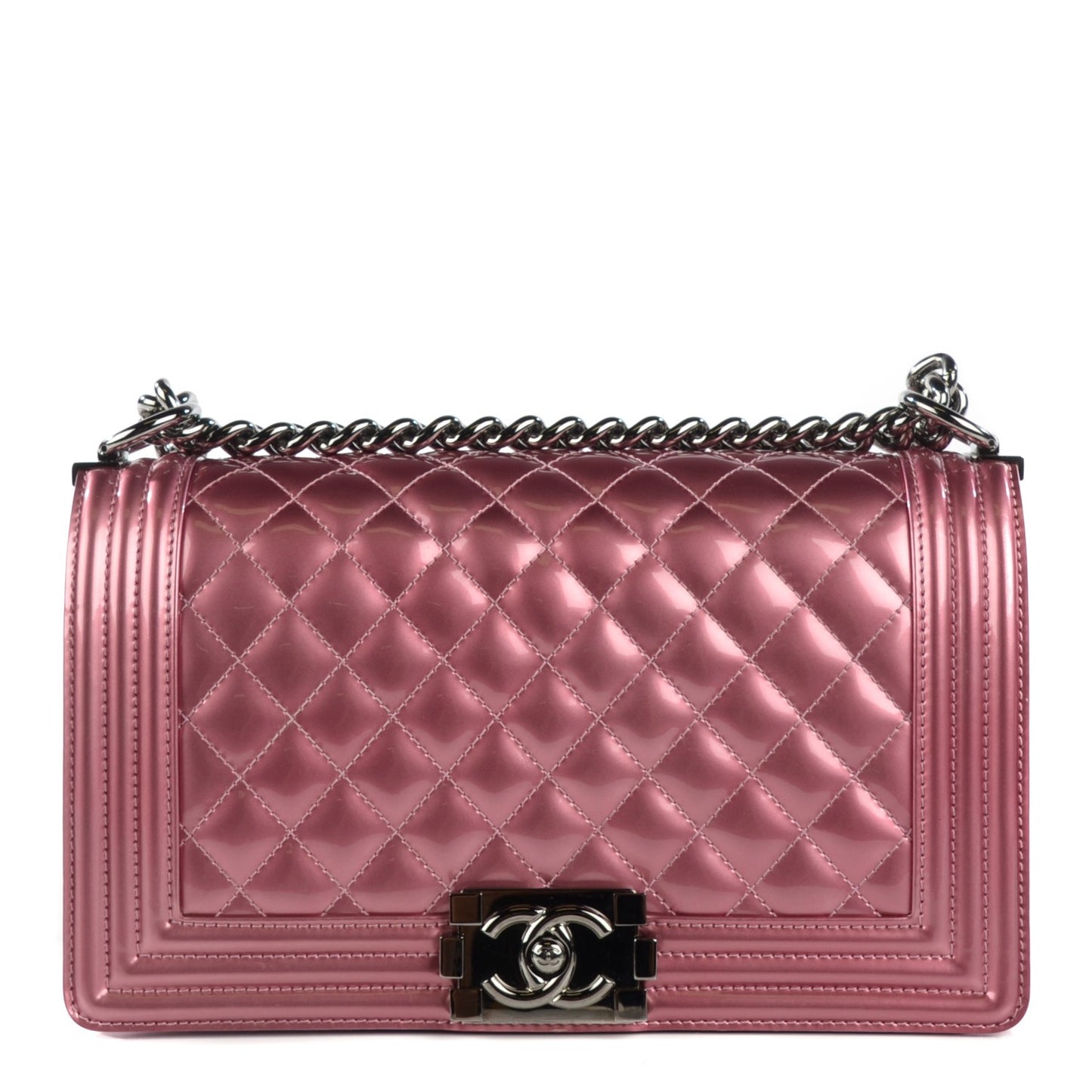 Metallic Patent Calfskin Quilted Medium Boy Flap Light Pink