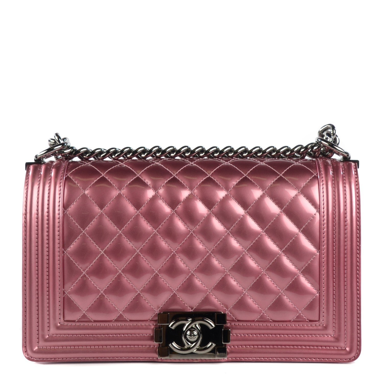 Chanel Metallic Patent Calfskin Quilted Medium Boy Flap Light Pink 1 of 8