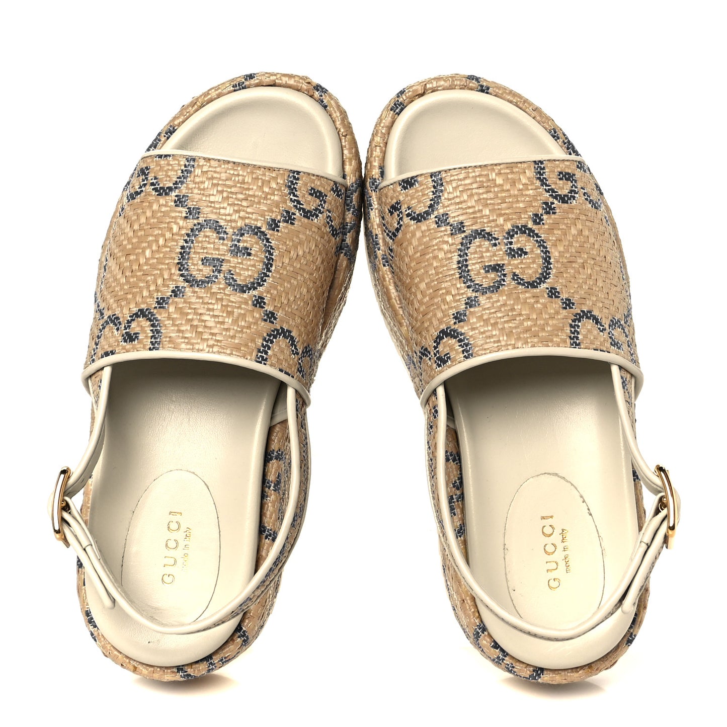 Raffia GG Monogram Granada Kid Angelina Platform 35mm Slingback Sandals 36 Natural Royale Mystic White