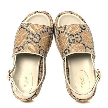 Gucci Raffia GG Monogram Granada Kid Angelina Platform 35mm Slingback Sandals 36 Natural Royale Mystic White 2 of 9
