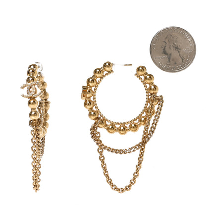 Chanel Metal Crystal Bead Chain CC Hoop Earrings Gold 2 of 5
