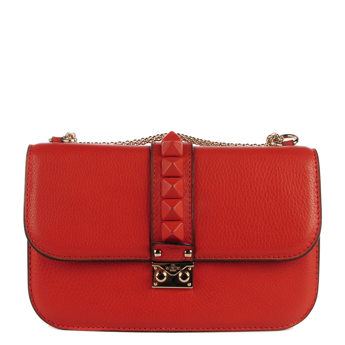 Pebbled Calfskin Monochrome Medium Glam Lock Rockstud Flap English Red