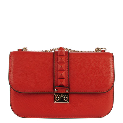 Valentino Garavani Pebbled Calfskin Monochrome Medium Glam Lock Rockstud Flap English Red 1 of 7