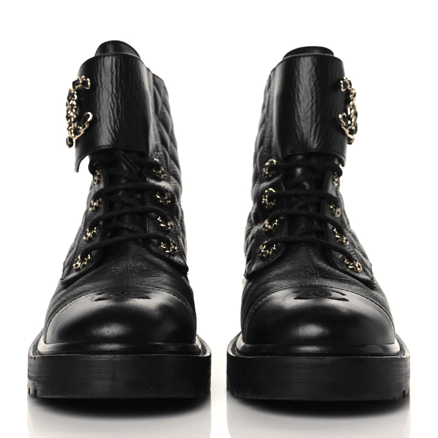 Shiny Goatskin Calfskin Quilted Lace Up Combat Boots 38.5 Black