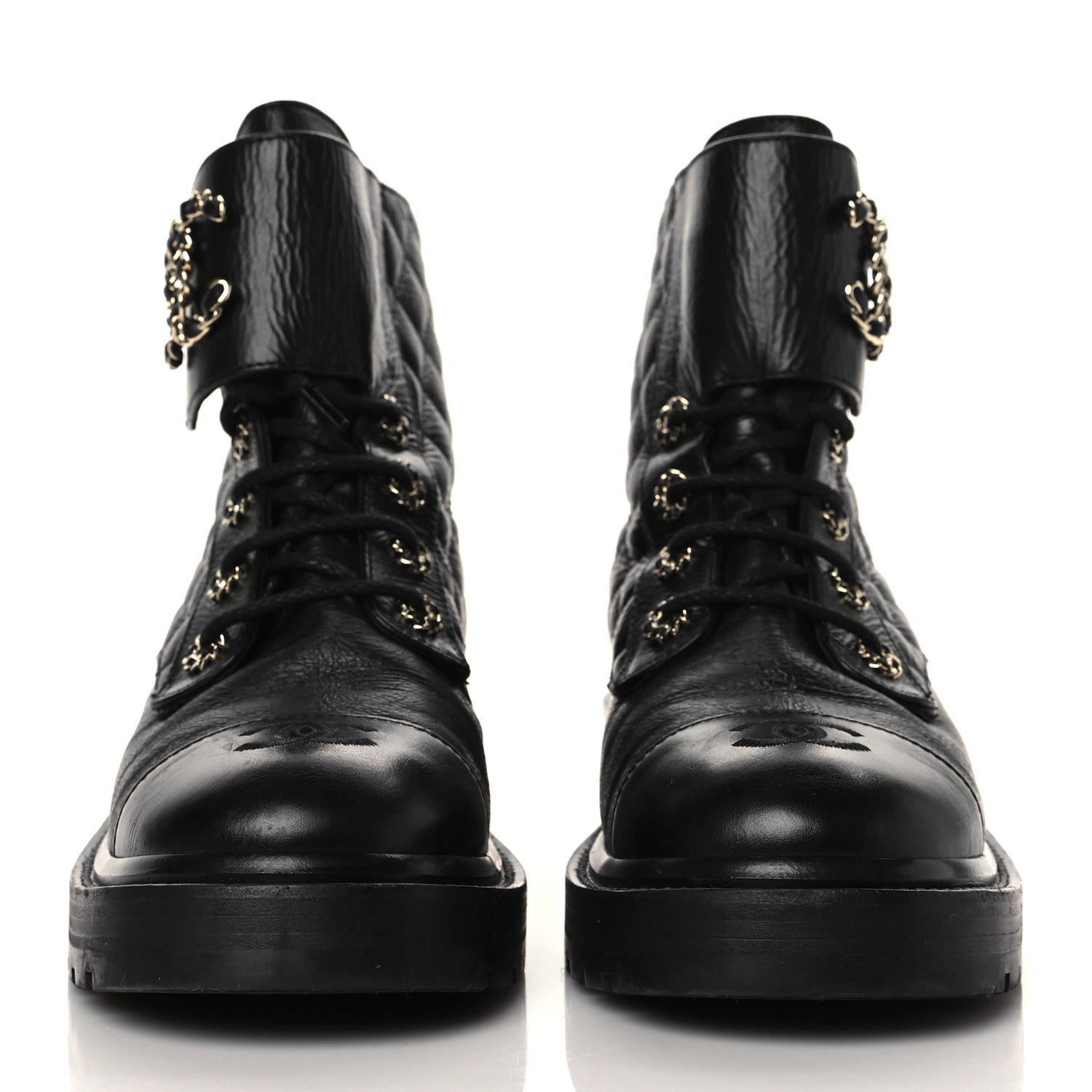 Chanel Shiny Goatskin Calfskin Quilted Lace Up Combat Boots 38.5 Black 2 of 7
