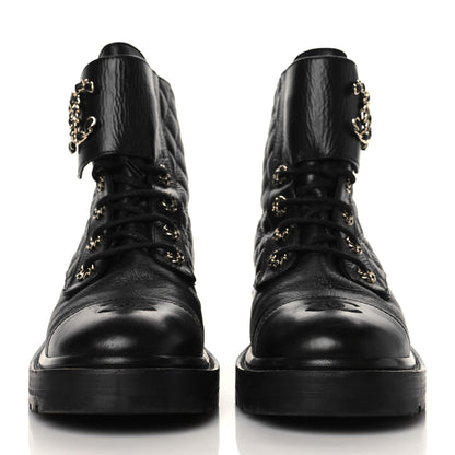 Chanel Shiny Goatskin Calfskin Quilted Lace Up Combat Boots 38.5 Black 2 of 7